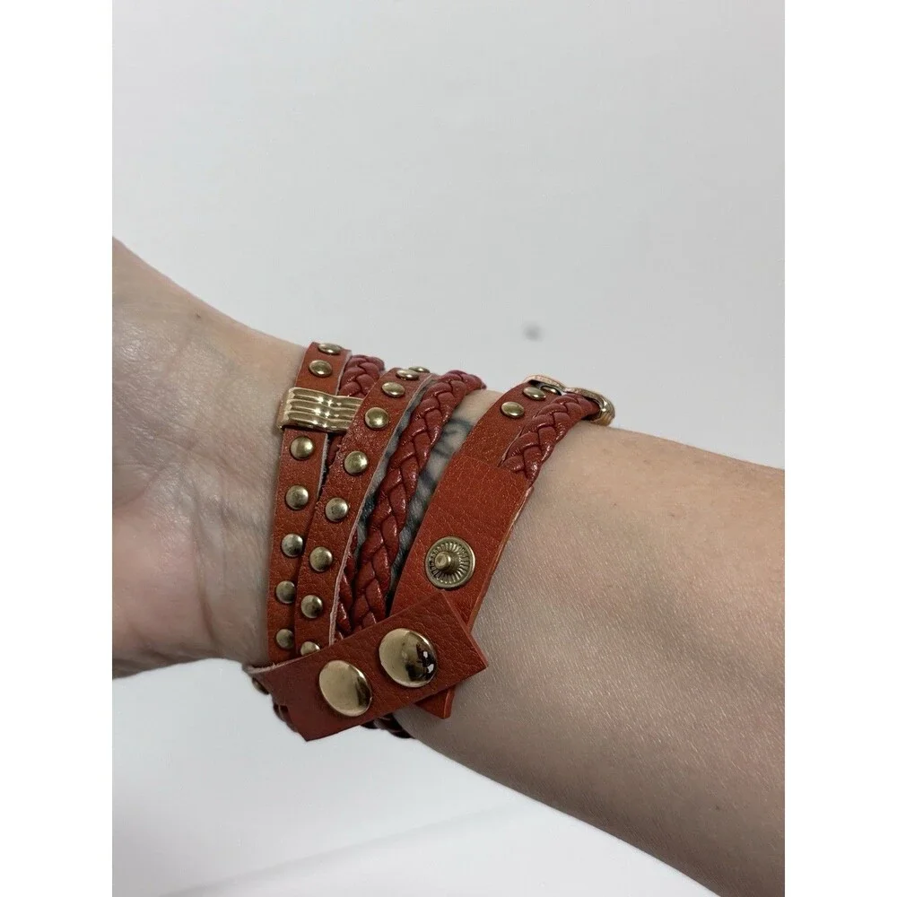 Decree Wrap Watch Brown Faux Leather Braided Studded Boho‎ Gold Tone Quartz Box